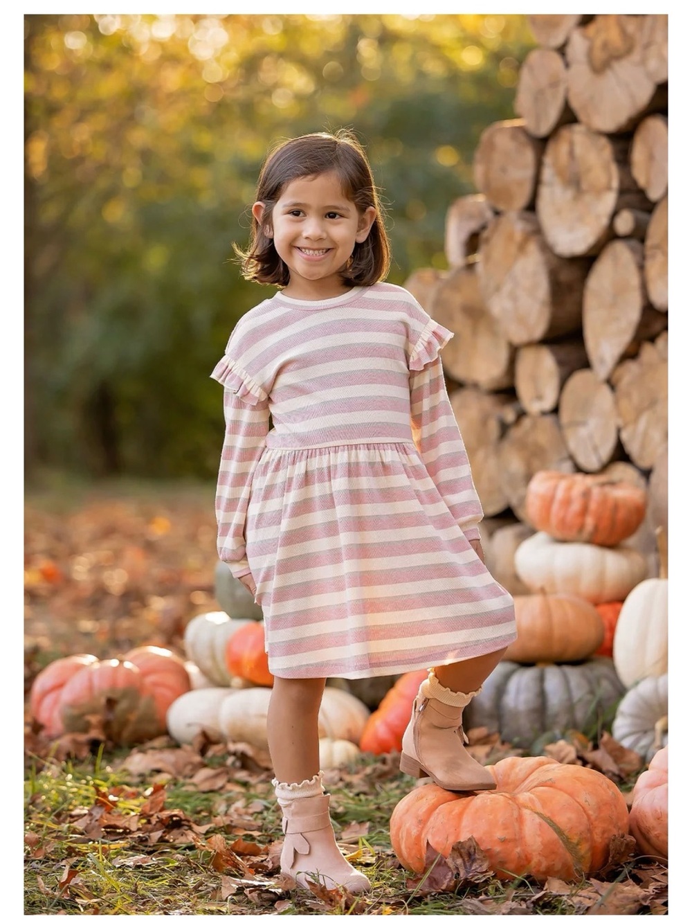 Striped Pink & Cream Long-Sleeve Ruffle Shoulder Dress for Girls